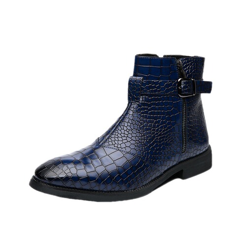 Large size pointed-toe men's autumn/winter leather boots with crocodile pattern short boots trendy leather shoes