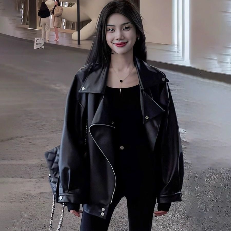 Autumn and Winter Street Sweet and Cool Spicy Leather Jacket for Women, Loose Oversize Jacket Top, Versatile Cotton Jacket for Women
