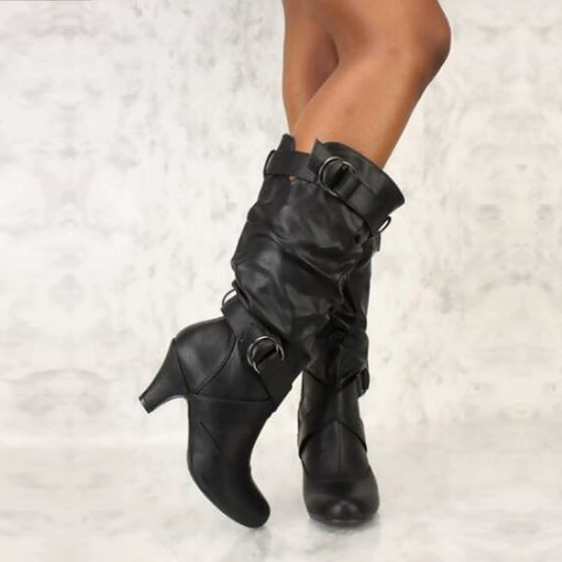 Большой размер женской обуви 2023 новые внешнеторговые рыцарские сапоги женские бокалы и высокие каблуки складки средние сапоги сложенные сапоги женские 6636