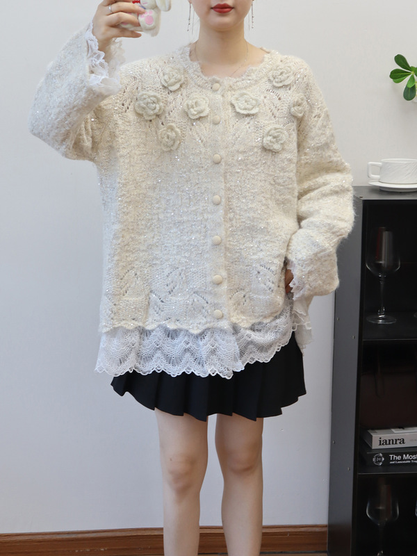 立体花朵拼接网纱设计感针织开衫2025秋冬新款宽松甜美毛衣外套女|undefined