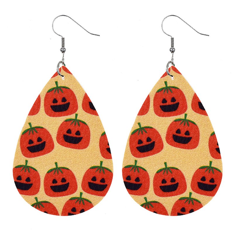 Cross-border Adult Earrings Wholesale European And American Halloween Leather Earrings Ghost Festival Pumpkin Skull Water Drop Pu Earrings display picture 3