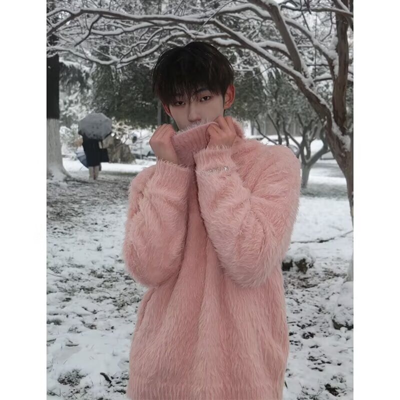Spring and Autumn Fashionable Imitation Mink Fur Turtleneck Sweater for Men, Casual Soft Long-Pile Knitwear Coat with a High-End Feel