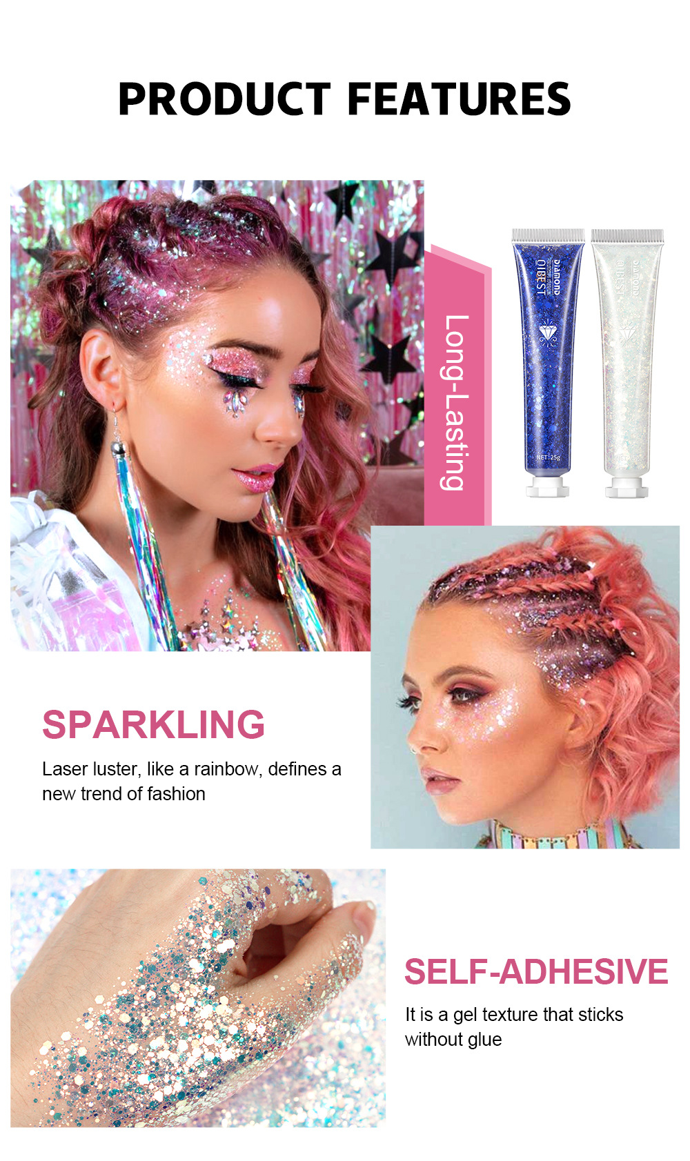 QIBEST Single-color Sparkling Eyeshadow Sequin Cream for Dazzling brightening of the Face and Body, Sequin Gel Stage Makeup Application Scenario