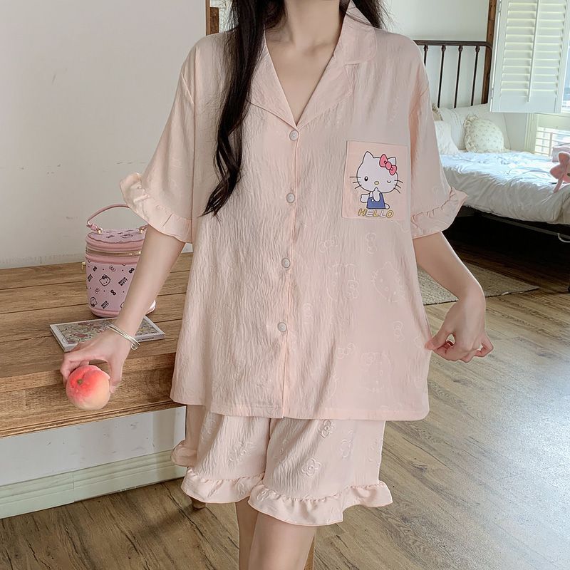 Venta al por mayor transfronteriza nuevo estilo verano nube algodón jacquard pijama mujer rebeca de solapa manga corta lindo conjunto de servicio a domicilio informal