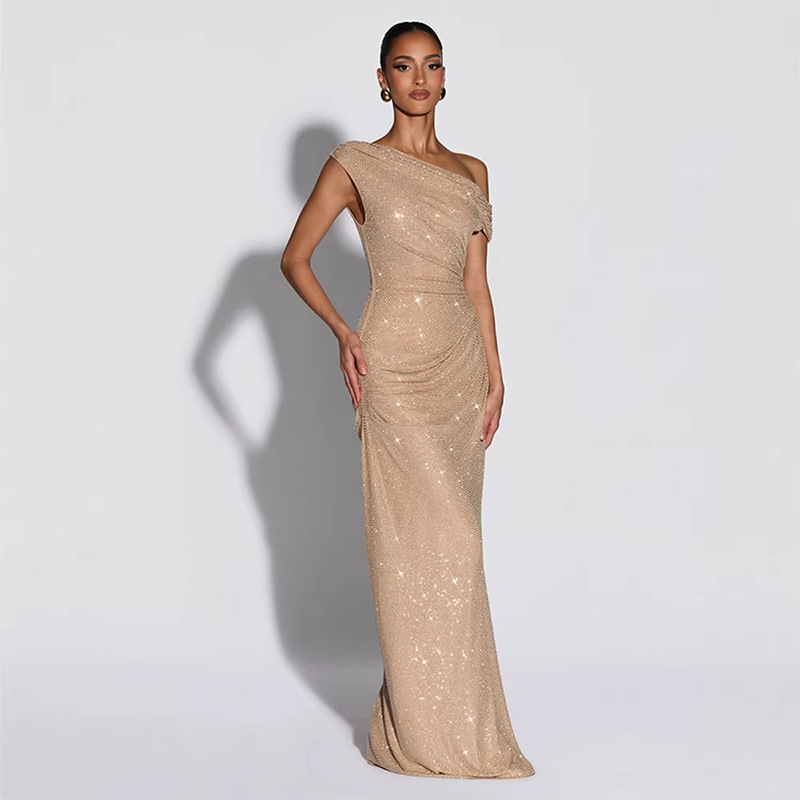 European and American Cross-Border Supply 2026 Spring/Summer New Women's Fashion Elegant Slim-Fit One-Shoulder Rhinestone Dress for Women