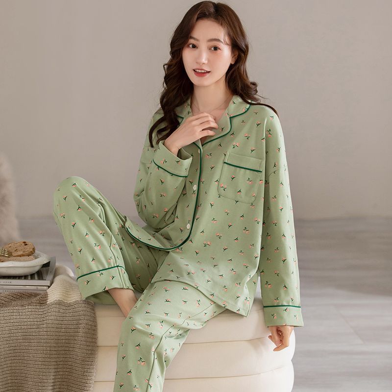 Pijamas de Otoño de las mujeres de manga larga 100% algodón primavera y otoño Otoño e Invierno cardigan verano 2023 nuevo desgaste del hogar traje de invierno