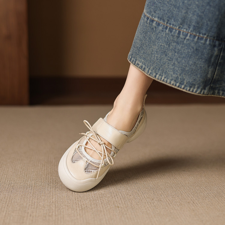 Giày sneaker nữ đế dày ren lưới phối màu cổ thấp — màu trắng ngà chi tiết 60