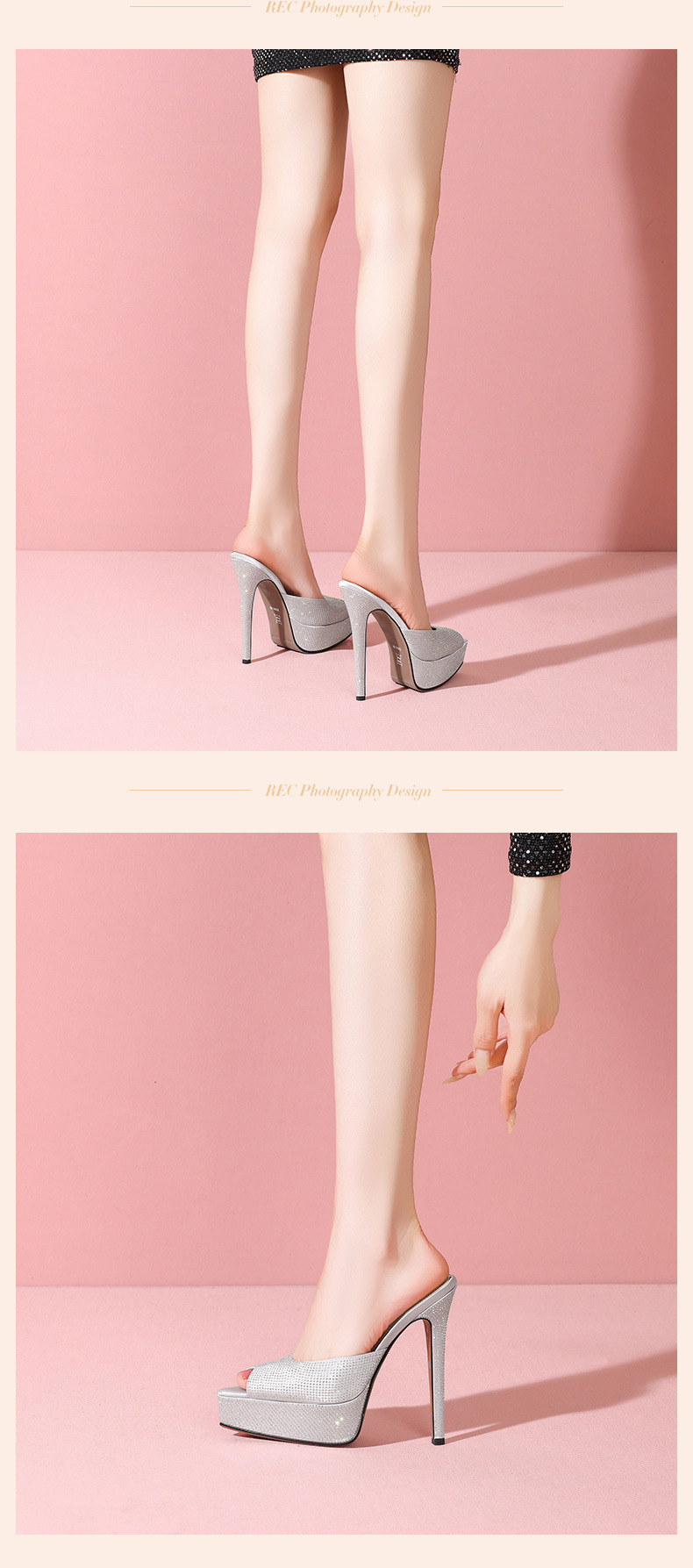 Sandal cao gót nữ hở mũi đính đá lấp lánh gót 12 cm đế platform — Bạc 12cm chi tiết 8