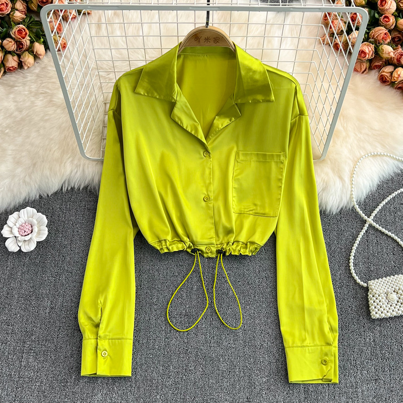 Spring And Autumn Korean Women's Suits, Collar, V-neck, Long-sleeved, Drawstring, Short Shirts, Design, Niche, Loose Tops, Trendy