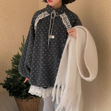 韩国东大门冬季少女感爱心提花羊羔绒拼接花边套头拉链开口卫衣