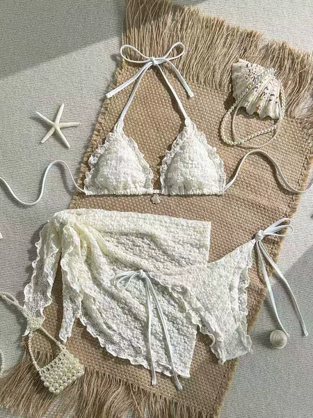 2026 European and American Cross-Border New Sexy Bikini Mesh Three-Piece Set Bikini with Ties Amazon Hot-Selling Swimsuit