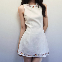 YQGFS (YQGFS) # ホワイトリネン刺繍ベストドレス女性の春夏ショルダーデザインウエストノースリーブショートスカート