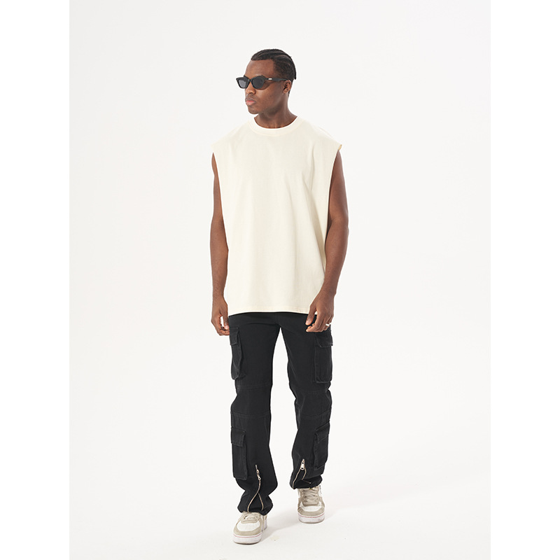 High Street marca de moda sin mangas deportes pesado chaleco suelto puño Chaleco de color sólido neutral hip hop chaleco