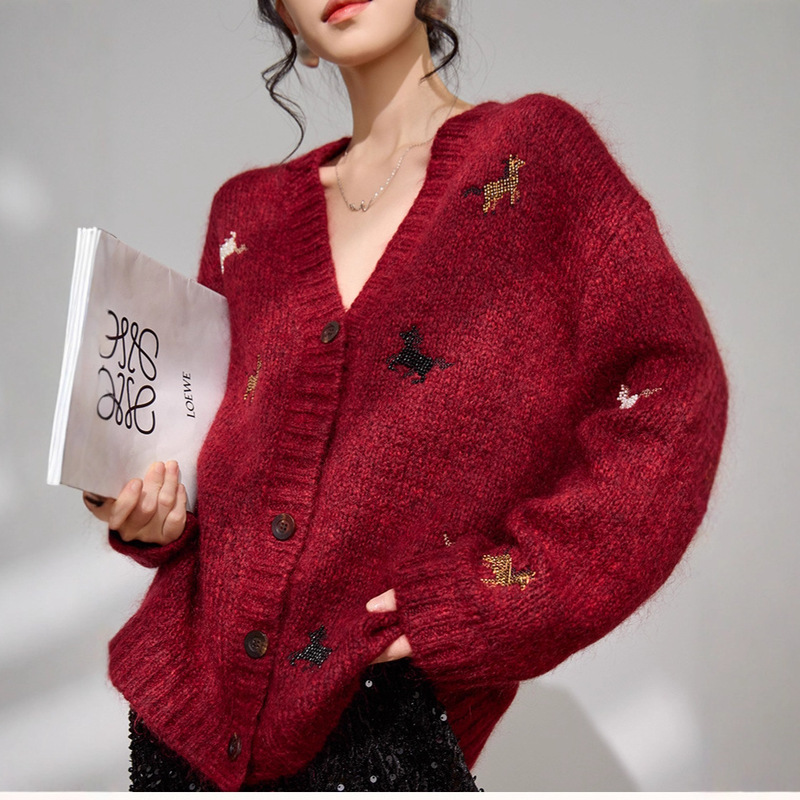 Christmas and New Year Red V-Neck Knitted Cardigan Winter Atmosphere Versatile White Jacket 2025 New Sweater for Women