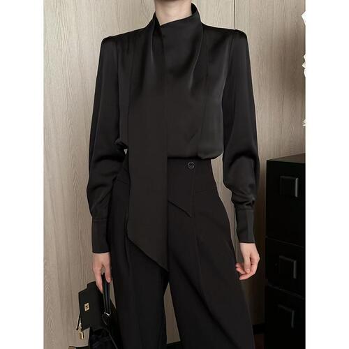 Fashion long-sleeve casual versatile solid color women's autumn and winter high-quality satin shirt in white and black