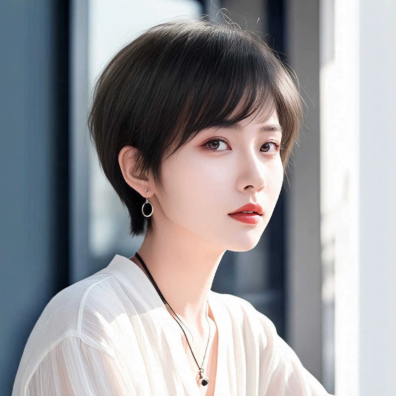 Short hair wig for women, full head wig made of real hair, lightweight and age-reducing bob style, natural black, suitable for daily use