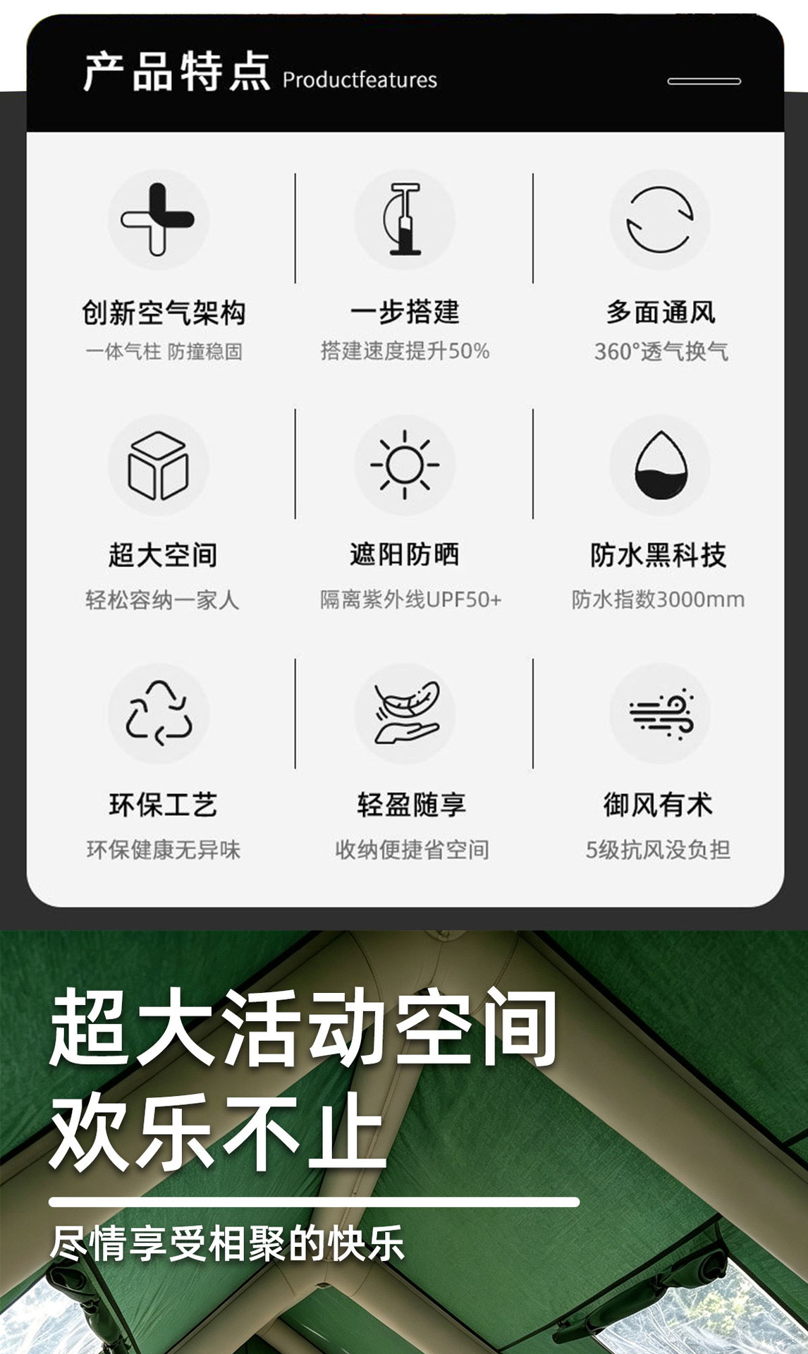 Manufacturer's Outdoor Camping Inflatable Tent 12 Square Meters, No Setup Required, Travel Portable, Rainproof, Sunproof, Large Space, Quick-Open Tent