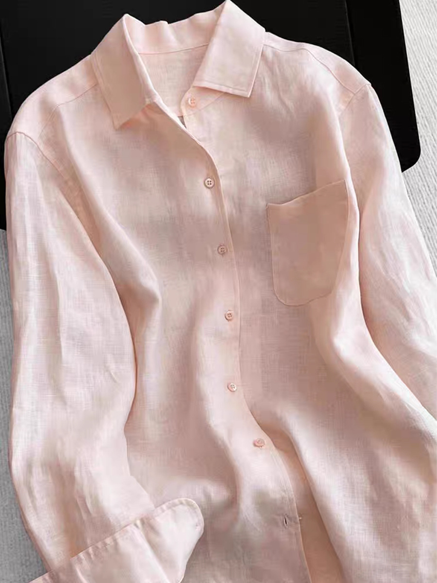 Áo sơ mi nữ linen dài tay thoáng khí chống nắng xuân hè — Mật đào bột