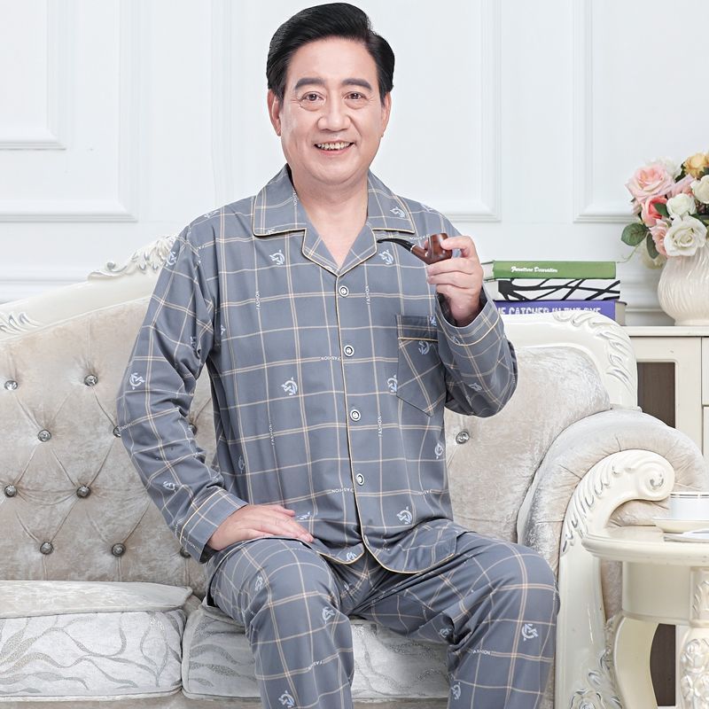 Pijamas de mediana edad y ancianos hombres 100% algodón primavera y otoño manga larga otoño e invierno más tamaño viejo papá traje de uso doméstico