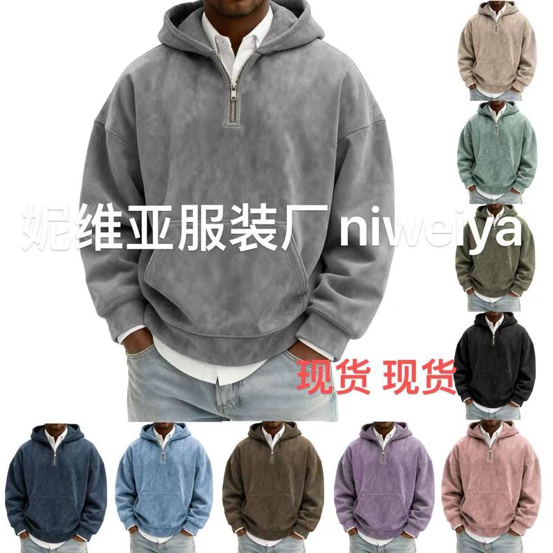 European and American Cross-Border 2025 Trendy Men's Clothing Hot-Selling Hoodie Half-Zip Solid Color Fleece Loose Fashion Sweatshirt