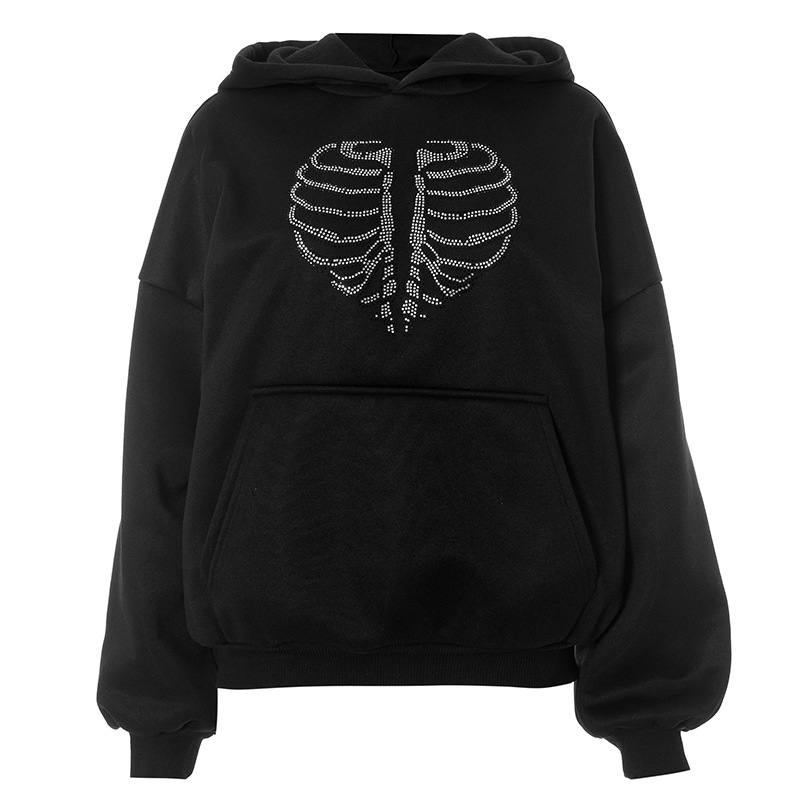 Trendy Skeleton Rhinestone Loose Hooded Sweatshirt Top Women Autumn Winter
