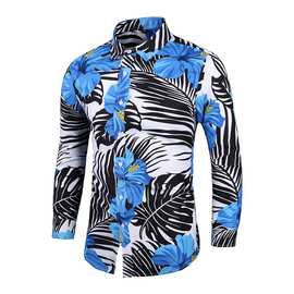 跨境新品夏季翻领青年夏威夷3D修身大码衬衣休闲男士印花长袖衬衫
