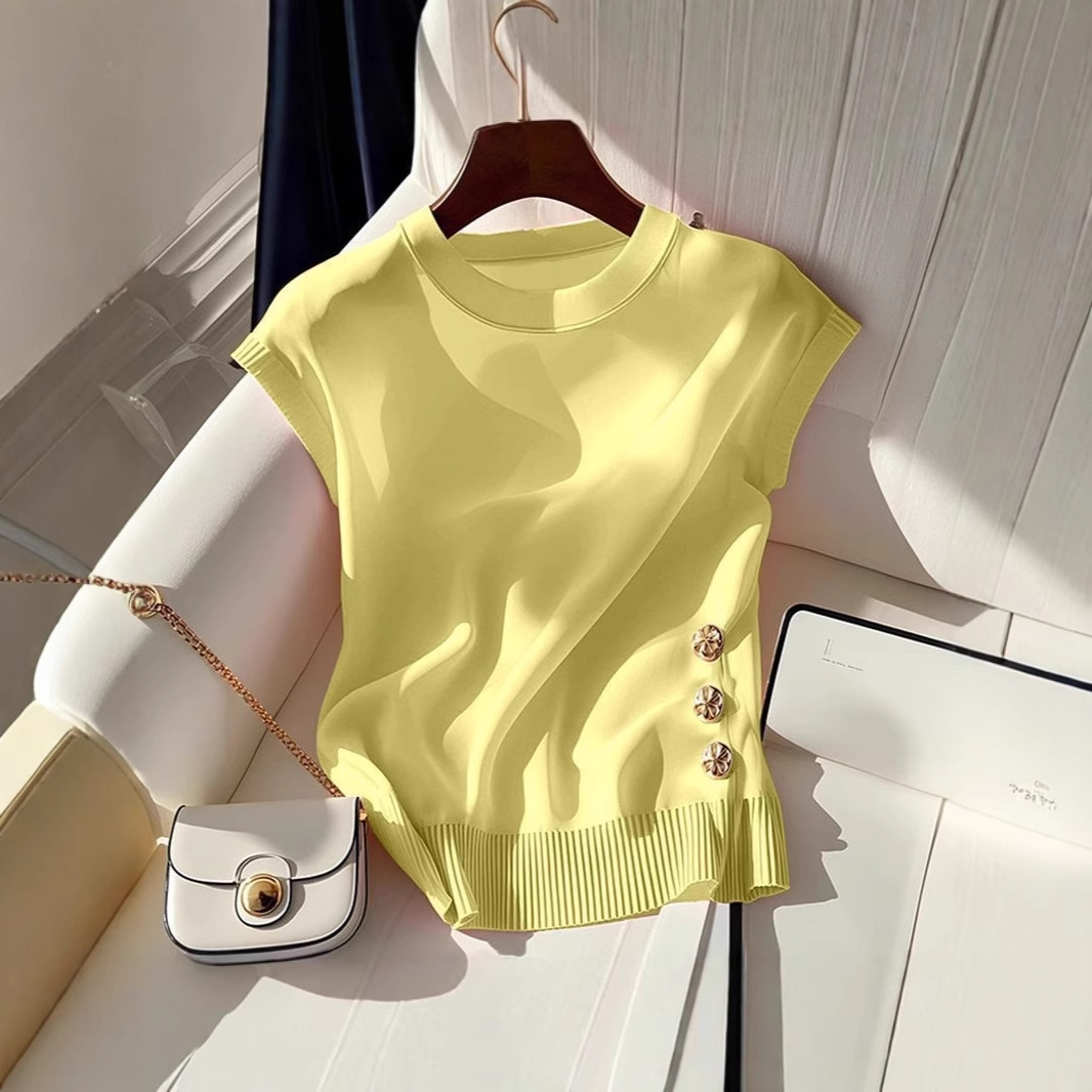 Women's Light Luxury Pink Knit Top Round Neck Sleeveless T-Shirt French Style Summer Chic Fashion For Youthful Women_voghion.com