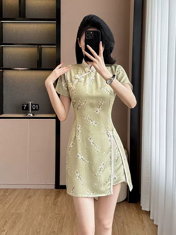 实拍现货夏新款提花蕾丝拼接甜美碎花改良旗袍连衣裙短裤两件套
