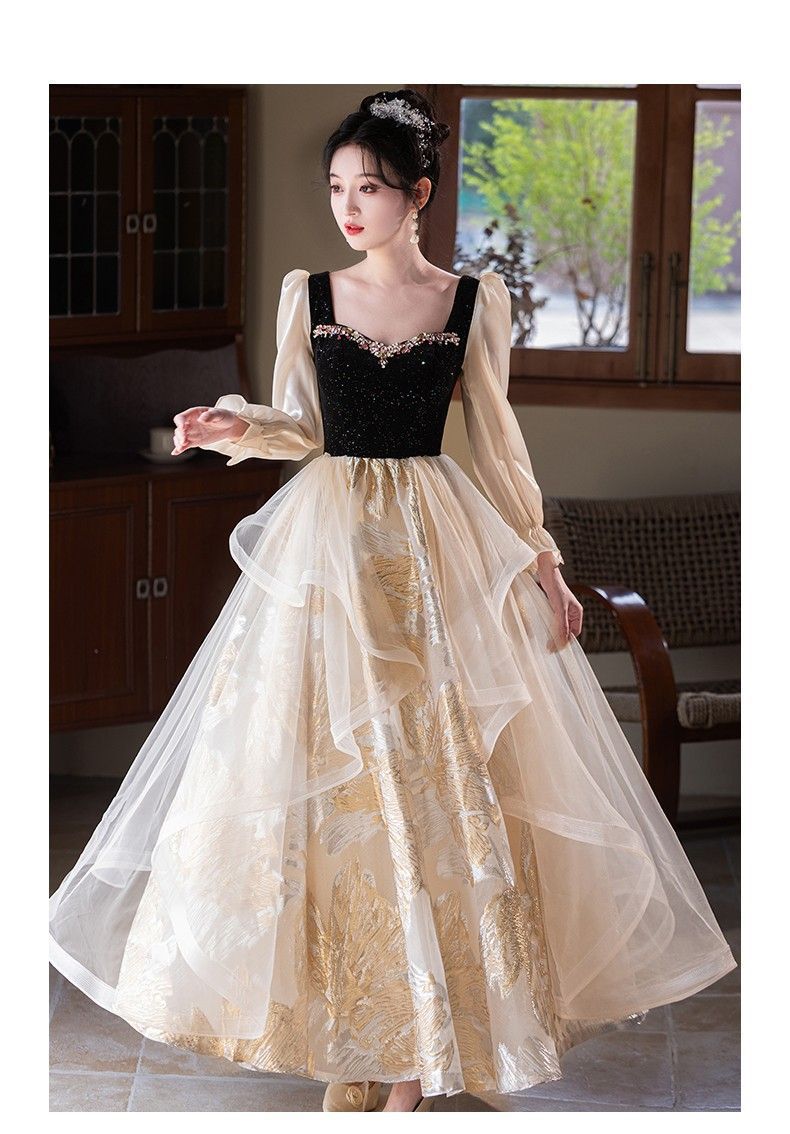 Đầm dạ hội cổ vuông tay dài kiểu Pháp thanh lịch, phù hợp dẫn chương trình, chơi đàn piano — Màu như hình chi tiết 13