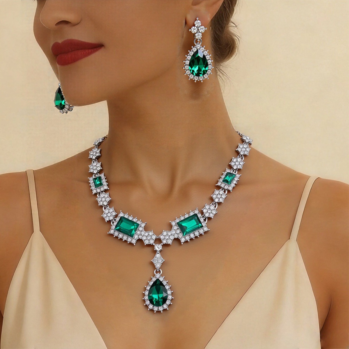 European and American export jewelry, crystal gemstone necklace and earring set for women, alloy electroplating, cross-border exclusive bridal accessories