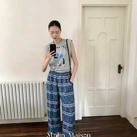 26夏季时髦随性飞马印花无袖垫肩T 恤+条纹阔腿裤套装146