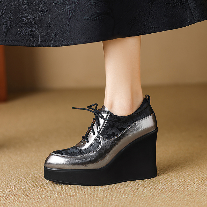 10.5cm Ultra-High Heel Single Shoes 2026 Spring and Autumn New Style Pointed Toe Thick-Soled Wedge Deep-Cut Lace-Up Leather Shoes Elegant Shoes