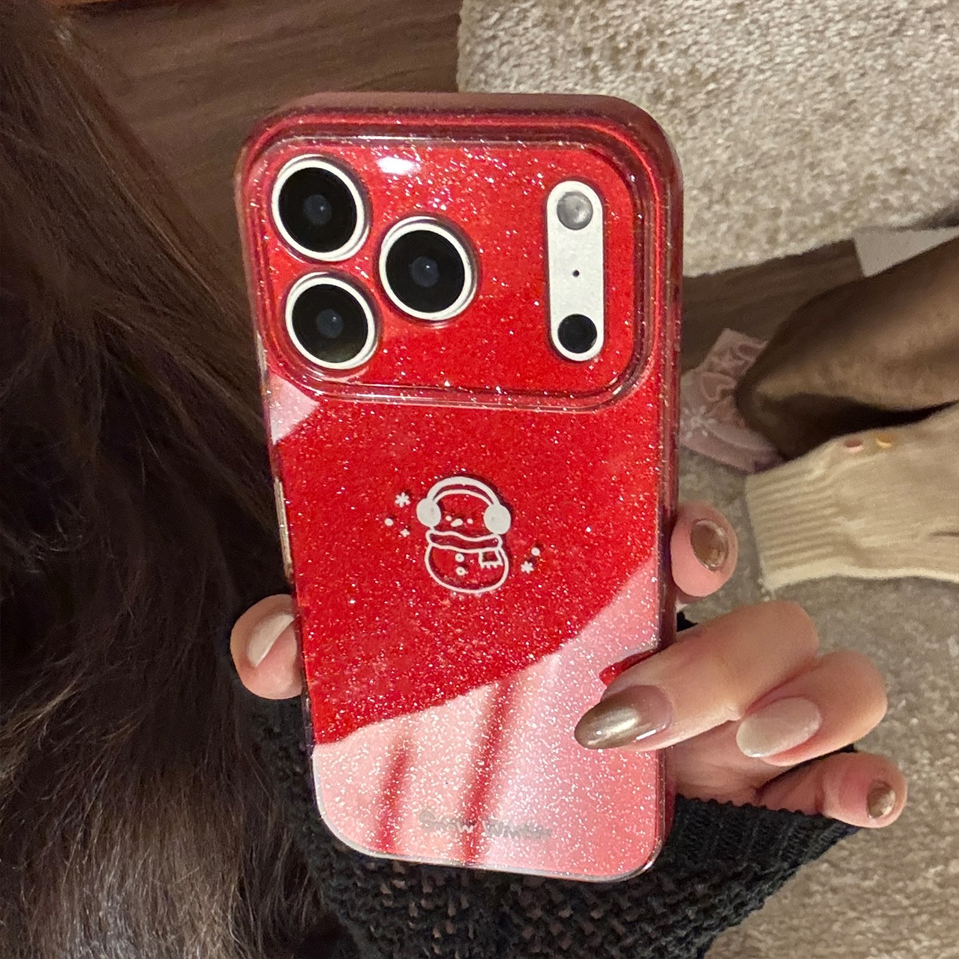 Protective Phone Case For Iphone With Glitter Winter Snowman Design_voghion.com