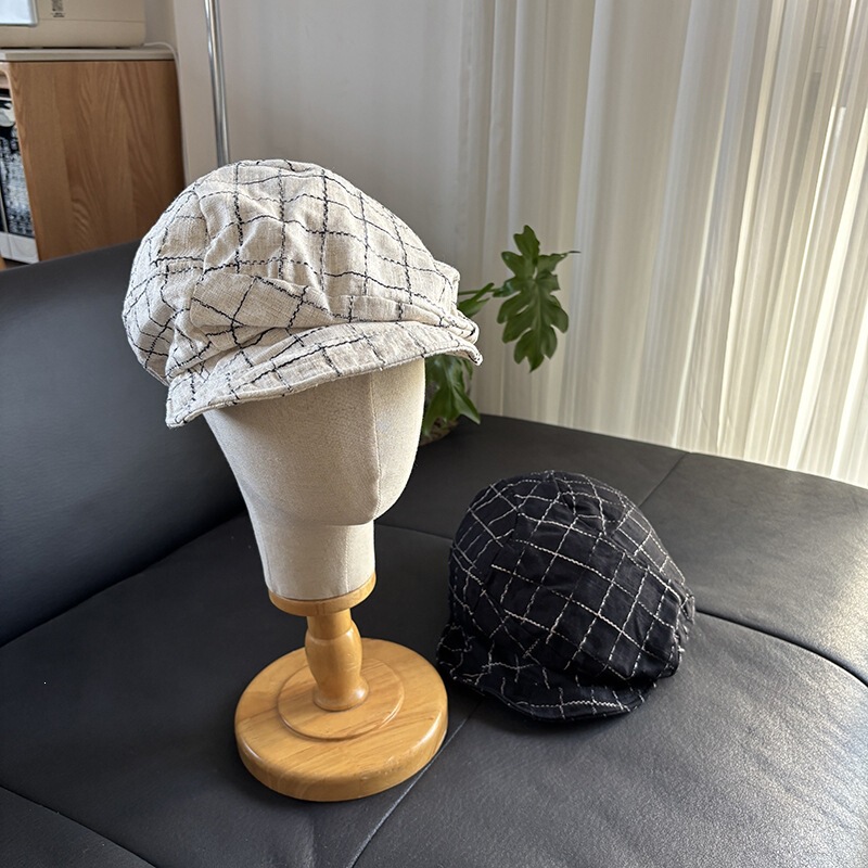 Linen Plaid Beret Spring and Autumn Versatile Fashion Octagonal Hat Casual Peaked Cap Artistic Style Beret Hat for Women Trendy Linen Plaid Beret Spring and Autumn Versatile Fashion Octagonal Hat Casual Peaked Cap Artistic Style Beret Hat for Women Trendy