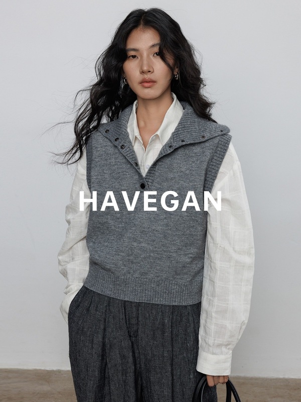 与间HAVEGAN/秋季翻领无袖针织马甲女软糯外穿毛衣背心慵懒上衣|undefined