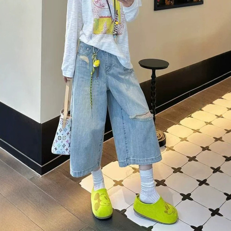 Wholesale Dropshipping Ripped Jeans for Women, New Summer Style, High-Waisted, Slimming, Plus-Size, Designer Workwear Wide-Leg Cropped Pants Wholesale Dropshipping Ripped Jeans for Women, New Summer Style, High-Waisted, Slimming, Plus-Size, Designer Workwear Wide-Leg Cropped Pants