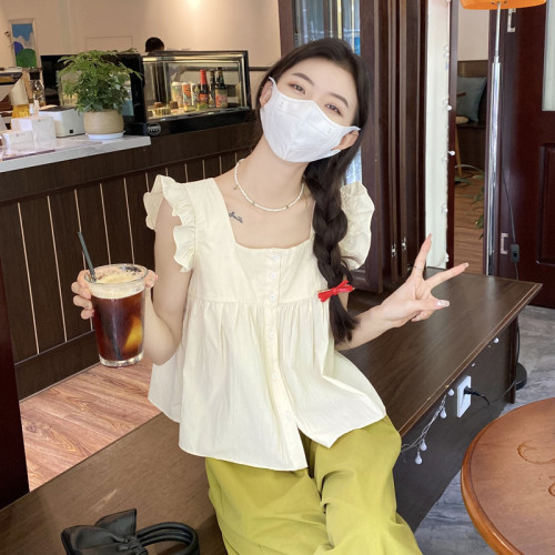 2025 French ruffled flutter sleeves shirt women's summer design sense niche square neck vest small size top summer 