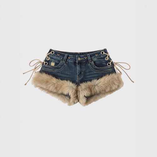 Plus-size American-style high-street designer fur-matched jeans for women—Y2K millennial edgy low-rise slimming hot pants.