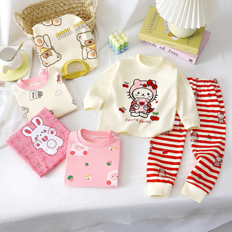 Children's Autumn Cotton Thermal Underwear Set for Infants and Toddlers, Cartoon Design for Girls and Boys
