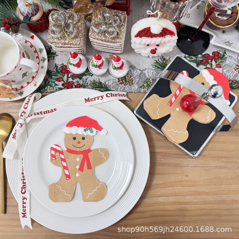 20 Pieces of Cross-Border Christmas Colorful Printed Napkins, Special-Shaped Gingerbread Man Napkins, Restaurant Holiday Napkins Wholesale