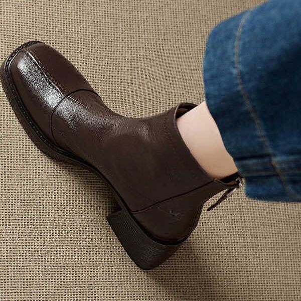 Bốt ngắn nữ mũi vuông da bò gót dày 6 cm khóa kéo sau — Màu nâu (lớp lót nhung 6cm) có sẵn hàng, Màu nâu (lớp lót đơn 6cm) có sẵn, Màu đen (lớp lót nhung 6cm) có sẵn hàng, Màu đen (lớp lót đơn 6cm) có sẵn hàng