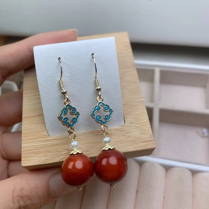 민족 한후 액세서리 귀 보석 고대 의류 자연 전쟁 국가 붉은 마노 수제 귀걸이 레트로 청삼 귀걸이