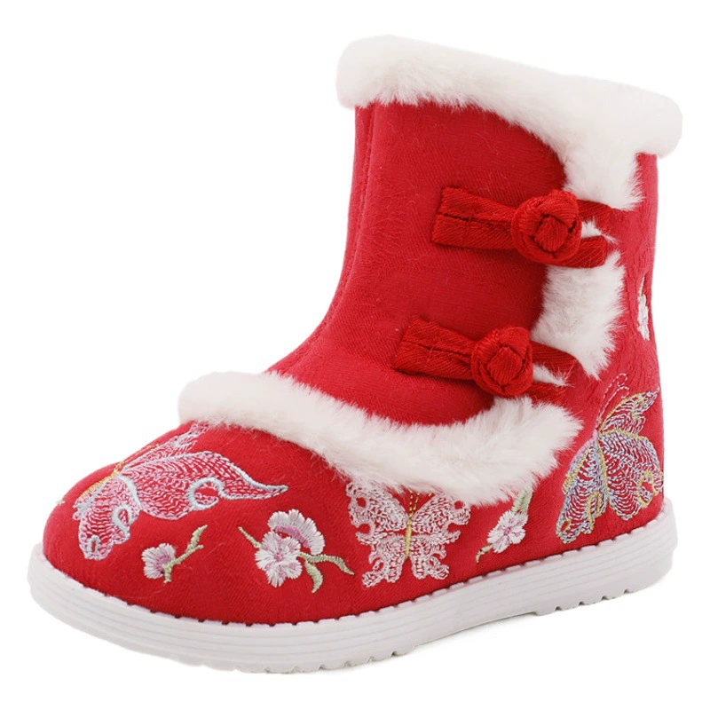 Детские туфли Ханьфу для девочек, осенне-зимняя коллекция 2025, новые вышитые сапоги в древнем стиле, традиционные китайские короткие сапоги, новогодняя обувь