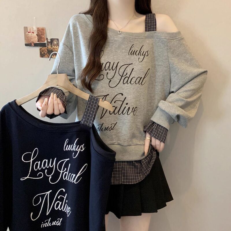 Plus Size Plaid Letter Fake Two-Piece Slant Collar Off-Shoulder Long-Sleeved Sweatshirt for Women Autum New Fat mm Loose Slimming Look Top