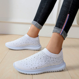 Cross-border Amazon large size rhinestone elastic socks shoes casual men's and women's sports shoes MD bottom fly woven breathable light shoes