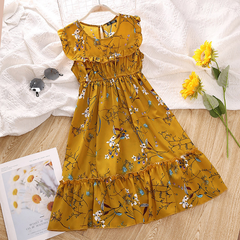 Girls' Retro Print Sleeveless Princess Dresses Style Summer New Fashion Children's Clothing For Ages 8-16_voghion.com