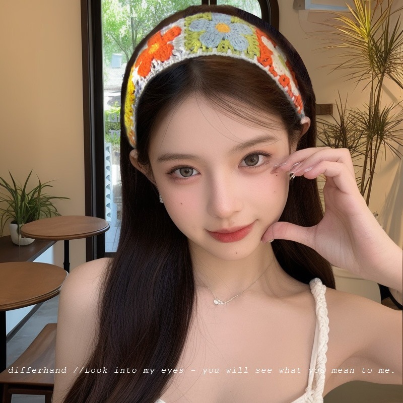 Knitted Embroidered Flower Velcro Headband for Women, Bangs and Loose Hair Organizer, Hair Tie, Face Washing Headband
