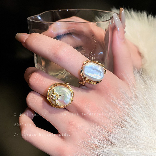 Baroque Irregular Freshwater Pearl Open Ring French Retro High-Quality Index Finger Ring Light Luxury Ring Bracelet