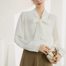 2025现货白色蝴蝶结衬衫女法式泡泡袖上衣小个子面试雪纺长袖衬衣