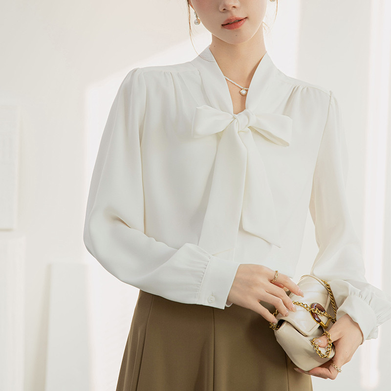 2025现货白色蝴蝶结衬衫女法式泡泡袖上衣小个子面试雪纺长袖衬衣